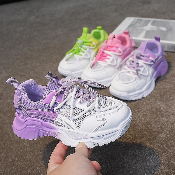 29 Barnmode Sneakers med tjocka sulor för flickor 2022 Barn Vår Mjuksulor Färgblockerande Casual Sportskor Förhöjning Pojkar(lila) Purple 29