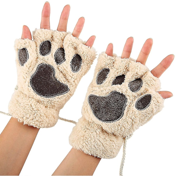 Kvinners bjørn plysj kattepote klo hanske myke vinterhansker fingerløse hansker (beige)