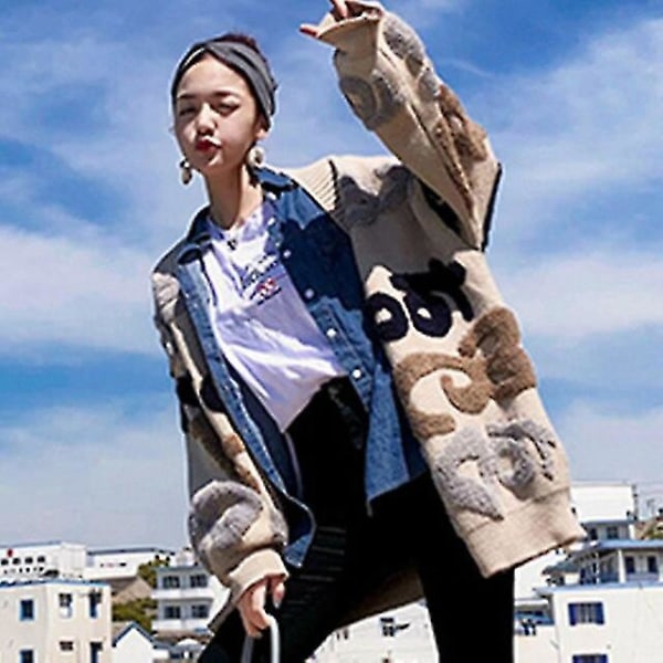 Casual Cardigan Stora bokstäver stämplade damer och varm tjock tröja kappa Koreanska modeplagg Stickad klänning Stickad tröja vinter(färg Caqui) Color Caqui