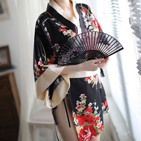 Naisten yöpaita-asu Japanilaistyylinen kukkakuvioitu alusvaatteet Panty Sleepwear vyöllä Musta Yksi koko