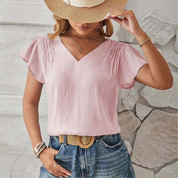 Kvinnor V-ringad kortärmad topp enfärgad volang manschetter fashionabla casual sommar blus för fest shopping rosa s