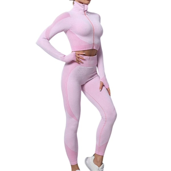 3 st Active Wear-set för kvinnor Långärmad topp med hög midja Leggings Sportjacka Pink Purple L
