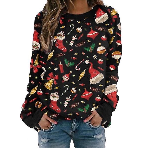 Hhcx-women Christmas Print Long Sleeve T-shirt Pullover Blouse Top Tee Shirt Black Christmas Hat S