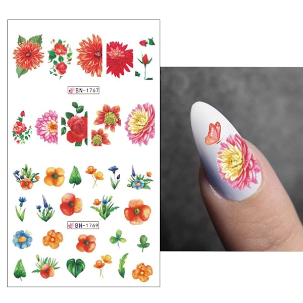 Kukka Kynsi Taide Tarrat Tarrat Kevät Kesä Kynsi Koriste Vedensiirto Kukkiva Daisy Peony Rose Butterfly Upea Suunnittelu Värikkäät Kukat Nai