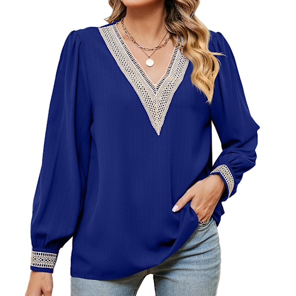 Lace Trim V Neckline Blouse Casual Fitted Long Sleeve Guipure Lace Blouse for Women Enamel Blue