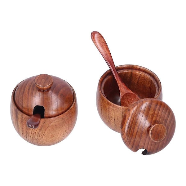 2PCS Wood Salt Bowl Salt Container Spice Jar Salt and Pepper Bowls Seasoning Box for Kitchen Naturally Wood Dark Brown