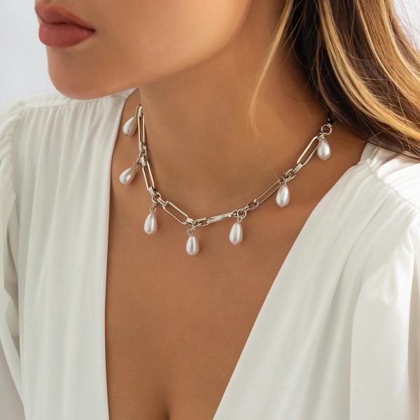 Europeiska och amerikanska smycken enkelt korskedja halsband temperament vattendroppe imitation pärltofs halsband kvinnlig A
