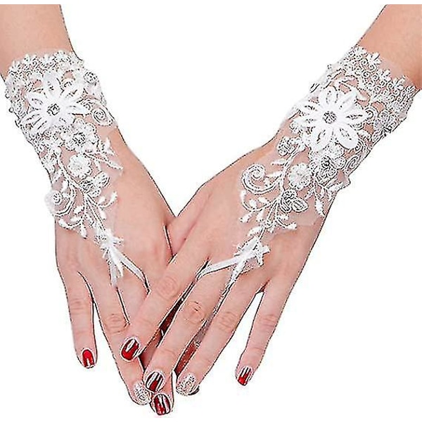 Krystallblonder Brudehansker Perle Fingerløse Korte Bryllupshansker Elfenben Blomst Tyll Damehansker Håndleddsmansjetter Hansker For Brud Rhinestone Bryllup A