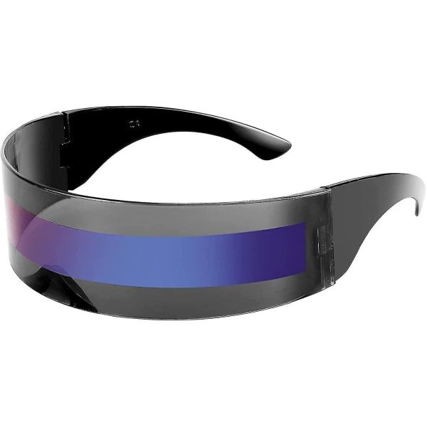 80'er Futuristisk Visir Cyber ​​Solbriller Mænd Kvinder Futuristisk Punk Style Cosplay (Sort - Blue Mirror Stripe) Black - Blue Mirror Stripe