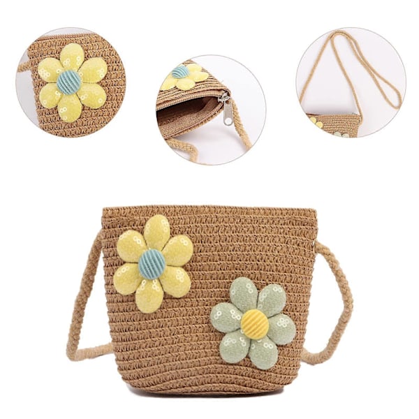 Flickväsk Mini Halmväska, Halm Crossbody Väskor Barn Halmväska Flätad Väska Söta Blommiga Väskor för Flickor Semester Utomhusaktiviteter brown