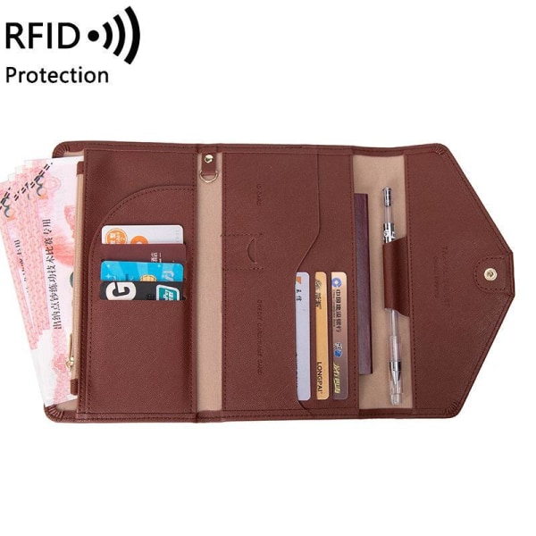 RFID multifunktionsbiljettcertifikatväska för utlandsresepassmapp för män och kvinnor (brun)