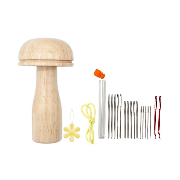 Cute Darning Set with Mushroom Shape Wooden Darner Sewing Tool Kit for Socks Pants Sweaters DIY Sew