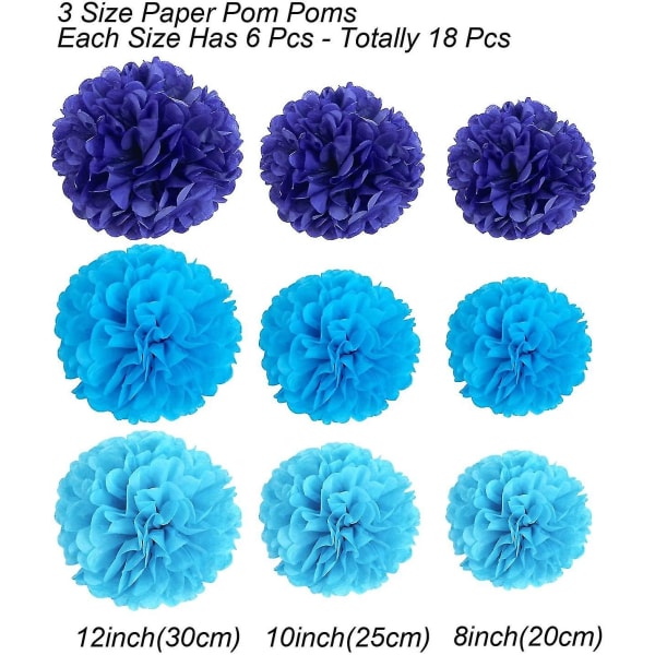 18 kpl pakkaus, Sinisiä Pom Poms -kukkia, koristepaperipakkaus juhliin (sininen) blue