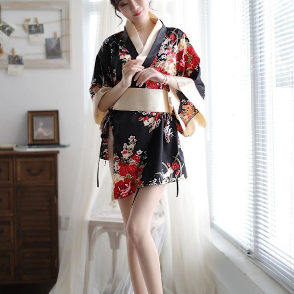 Naisten yöpaita-asu Japanilaistyylinen kukkakuvioitu alusvaatteet Panty Sleepwear vyöllä Musta Yksi koko