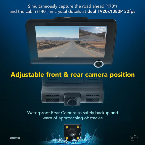 Full HD Dashcam med två kameror, G-sensor, vidvinkel Svart