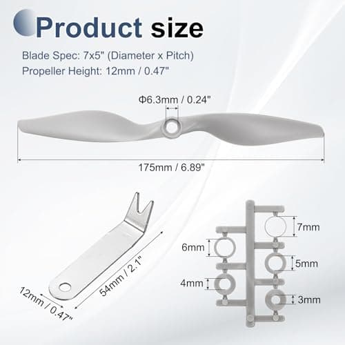 MECCANIXITY 7x5 tommer RC-propeller, 2-bladede propeludskiftninger grå højhastighedspropel med adapterringe og propel-nøgle til RC-fly 4 7" x 5"