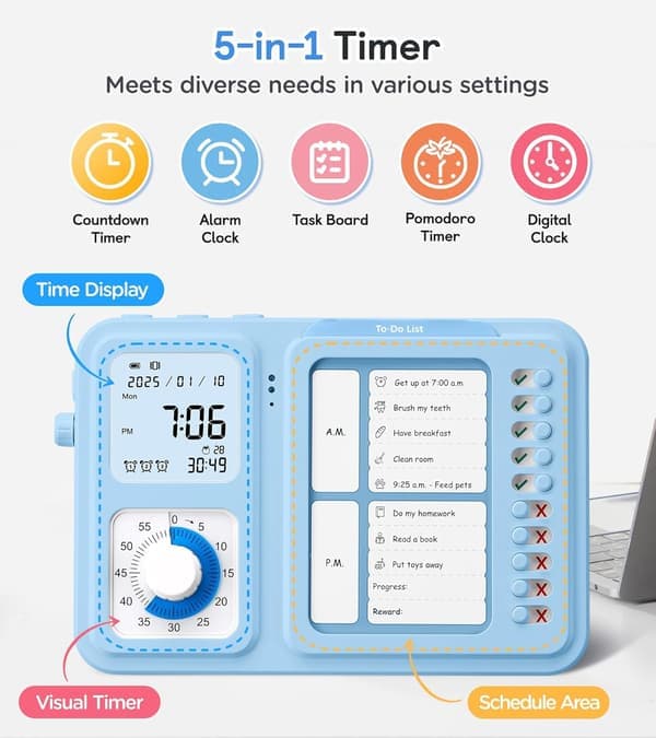 3-i-1 Visuell Timer og ADHD-verktøy for barn, voksne, oppgavetimer med oppgavekort, visuell timeplan for barn med autisme