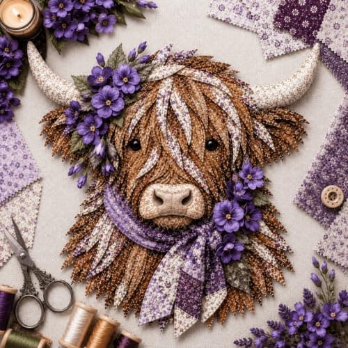 Fødselsblomst Highland Ko 3D Lagdelt Stofkunst DIY Sæt til Voksne (O1PC) O1PC