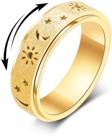 Fidget Ring Leker Voksne Angstavlastning Spinner Kvinner Menn Sol Måne Stjerne Gold Plated Size 5