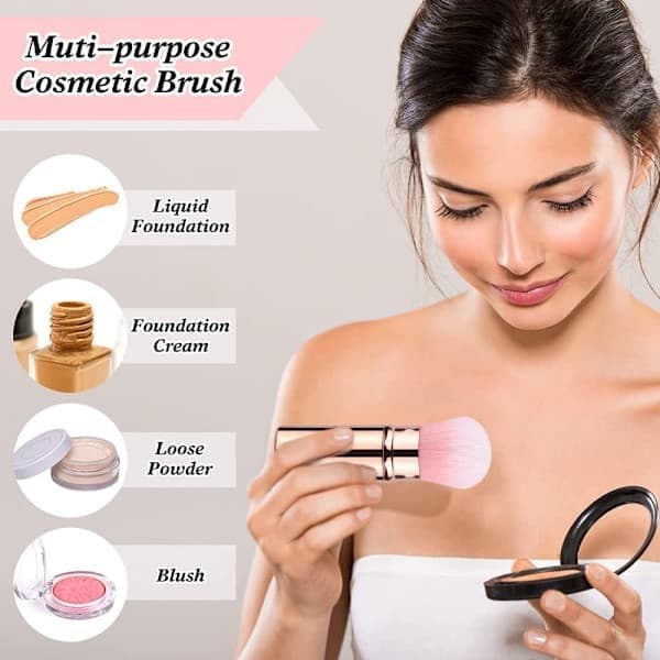 Teleskopisk ansigtsmakeupbørste, foldbar ansigtskabukibørste, rund pudderbørste, rejsemakeupbørste, blush, bærbar makeupbørste, guld Gold