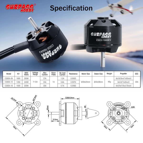 Surpass C2830 1300KV Børsteløs Motor til RC Fly Fastvinge 1300kv