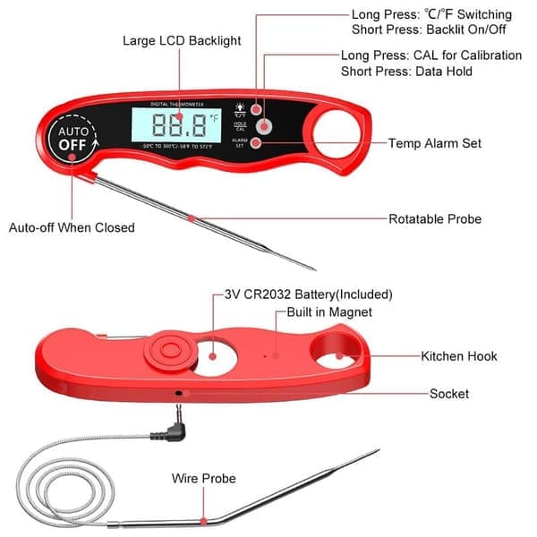 Kødtermometer Digital, Øjeblikkelig Aflæsning Madlavningstermometer med Dobbelte Prober, Baggrundsbelyst LCD-display, Kalibreringsfunktion