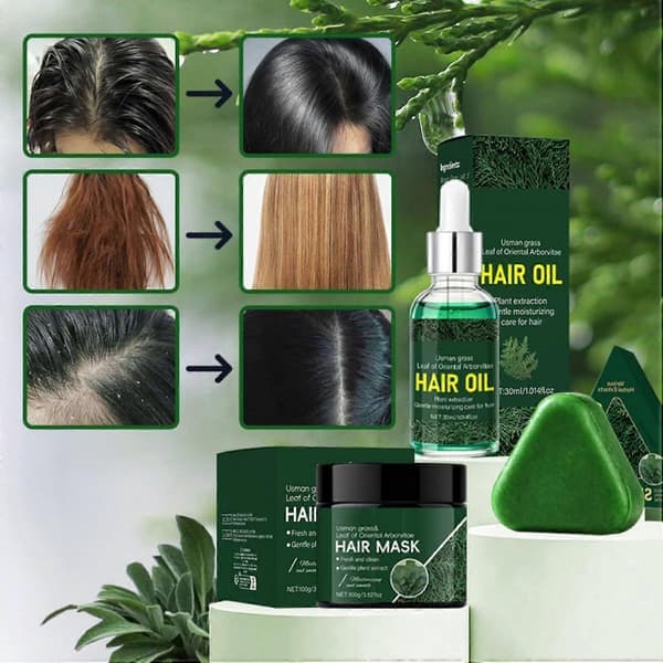 Arborvitae Blad Hårplejesæt, Naturlig Usman Græs Solid Shampoo Bar, Hårmaske & Hårolie Sæt til Skånsom Rensning og Næring