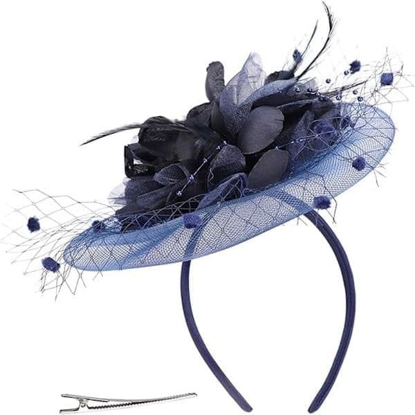 Fascinator Pillbox-hat til kvinder, blomster-bowlerhat med fjer, bryllups- og cocktailhat, hårklemme, fest-hårtilbehør, blå