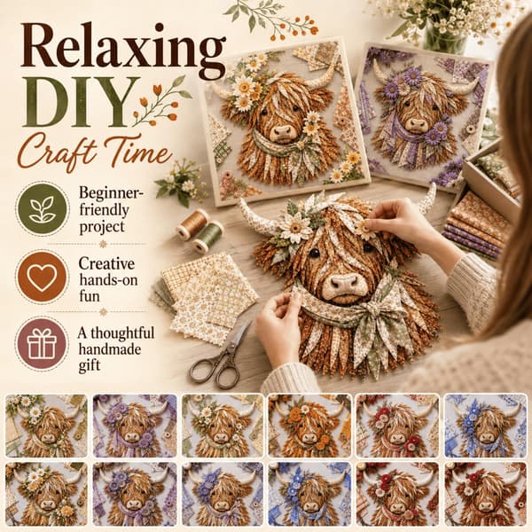 Födelseblomma Highland Ko 3D Skiktad Tygtavla DIY Kit för Vuxna (E1PC) E1PC