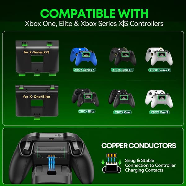 OlVO XSX Controlleroplader til X/S/One/Elite, med 2x5580mWh Xbox-batteri Black-2 Packs