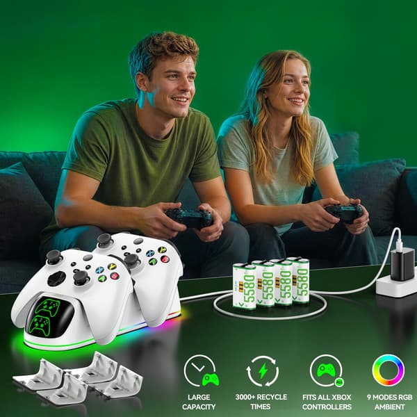 OlVO XSX Controlleroplader til X/S/One/Elite, med 4x5580mWh Xbox-batteri White-4 Packs