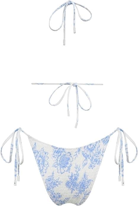 Dame trekant bikini badedragt med bindebånd, smock og flæser, todelt badedragtsæt, blå, størrelse M blue M