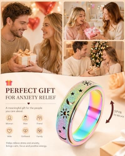 Fidget Ring Legetøj Voksne Angstlindring Spinner Kvinder Mænd Sol Måne Stjerne Rainbow Size 6