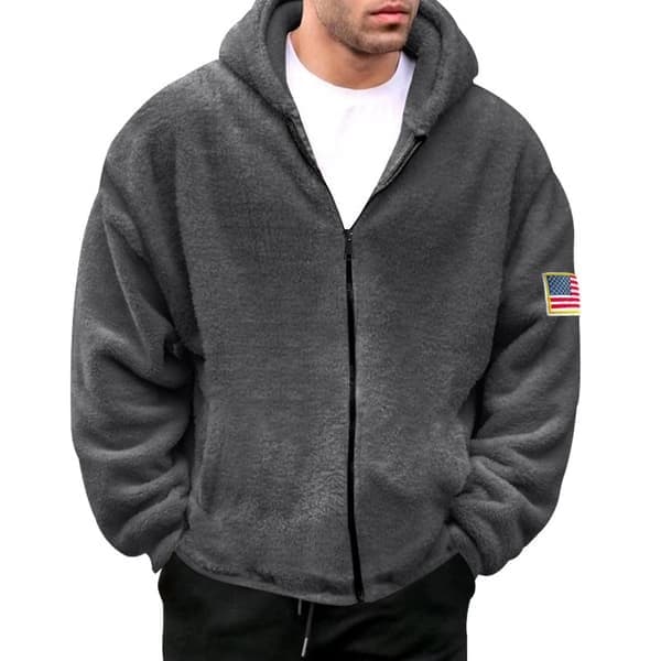 Fleece hættetrøje med lynlås til mænd, vinterjakke, grå, størrelse L grey L