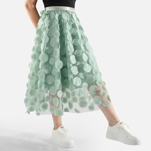 Tylskørt Kvinder 3D Polka Dot Mesh Flydende A-Line Midi Nederdele, Grøn green
