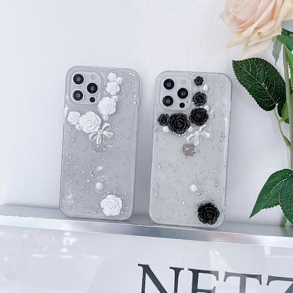 För iPhone 12 mini 3D Pärla Rosett Ros Glitter Epoxy TPU Telefonfodral