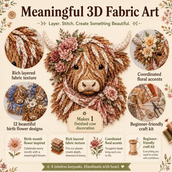 Födelseblomma Highland Ko 3D Skiktad Tygtavla DIY-kit för vuxna (A1PC) A1PC