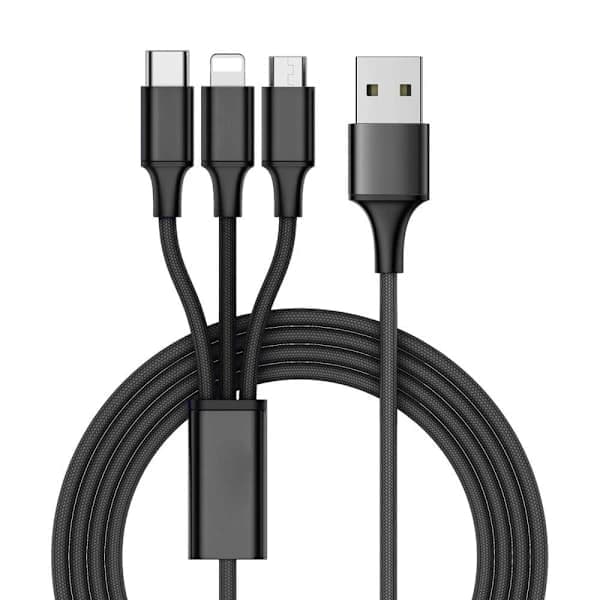 Multifunktionel oplader til USB-C, Micro-USB og iPhone - 1,2m Sort