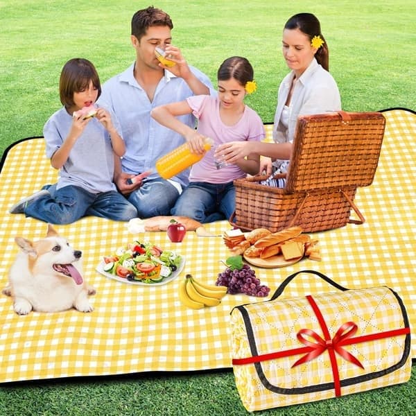 Picnic-tæppe 200 x 150 cm, vandtæt picnicmåtte, let vaskbart ternet picnic-tæppe med håndtag, foldbart, til camping, gul
