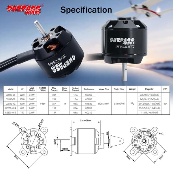 Surpass C2830 1000KV borstlös motor för RC-flygplan med fast vinge 1000kv