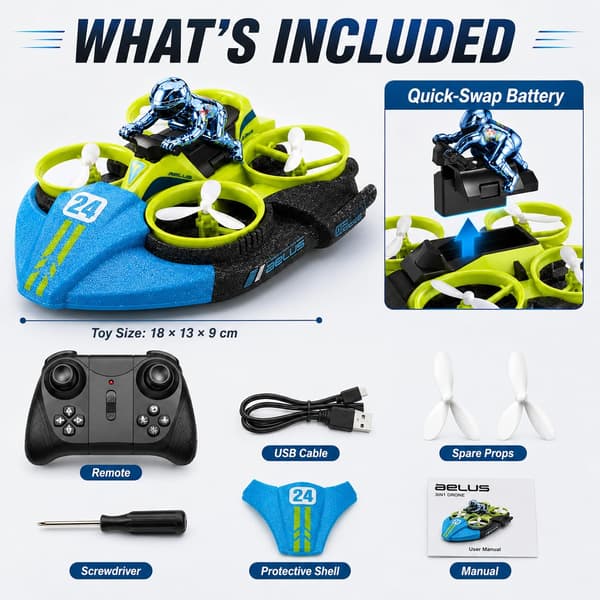 land sea air Drone 3-i-1 RC Hovercraft, Blå: 2 batterier Blue