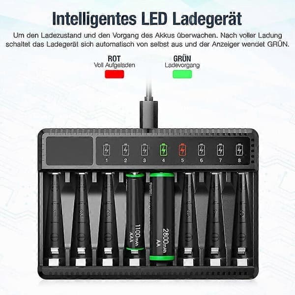 Universal 8-spors hurtiglader for AA AAA Ni-MH oppladbare batterier
