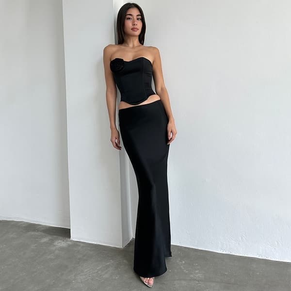 Lang satin nederdel til kvinder, silke, elegant, høj talje, cocktailparty, midi-nederdele, sort, størrelse M black M
