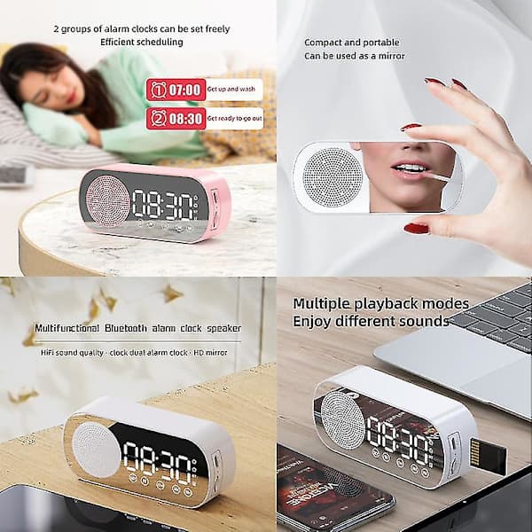 Multifunktionell Smart FM-Radio Bluetooth-Högtalare Väckarklocka Spegelklocka (Vit)