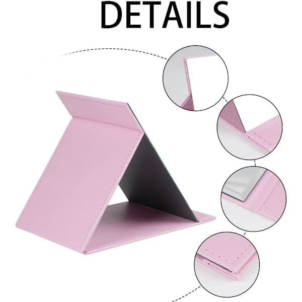 st Sammenklappeligt bordstativspejl med makeupspejl i PU-læder, bærbart rejsespejl, foldbart spejl med stativ bærbart, pink 20,5*15,5cm
