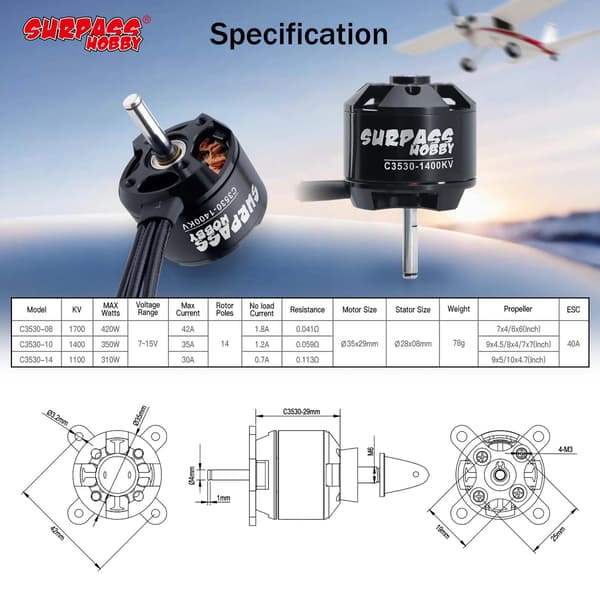 Surpass C3530 1400KV borstlös motor för RC-flygplan med fast vinge 1400kv