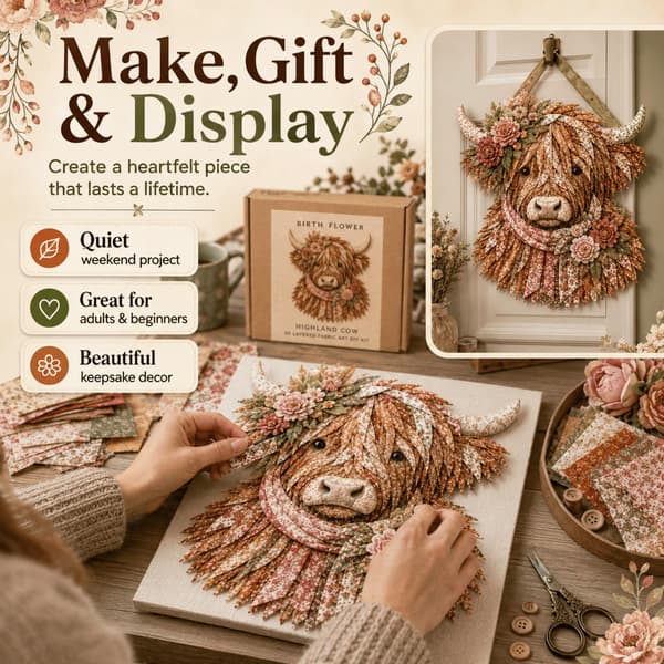Födelseblomma Highland Ko 3D Skiktad Tygtavla DIY-kit för vuxna (A1PC) A1PC