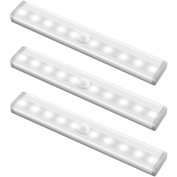 3-pakning bevegelsessensorlys, 10 LED garderobelys, nattlys, trappelys, kjølig hvit