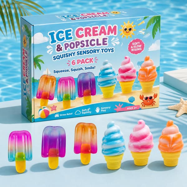6-pack glass- och isglass-squishy sensoriska leksaker, färgglada långsamt stigande stresslindrande fidget-presentpaket