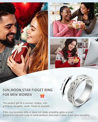 Fidget Ring Leker Voksne Angstavlastning Spinner Kvinner Menn Sol Måne Stjerne Silver Size 8